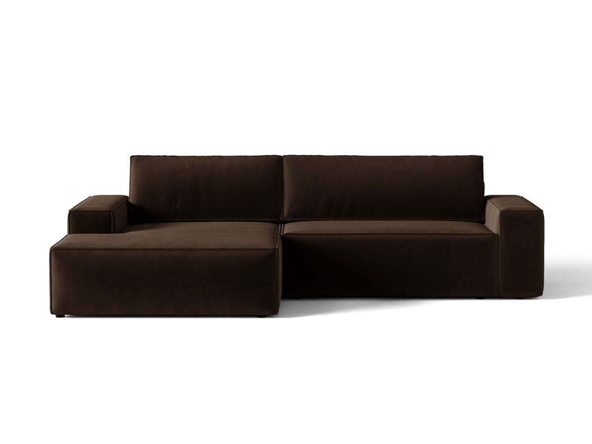 Braunes Ecksofa Jodie von Micadoni mit linker Ausrichtung, Baloo-Stoffbezug, schwarzen Kunststoffbeinen und ausklappbarem Bettkasten.