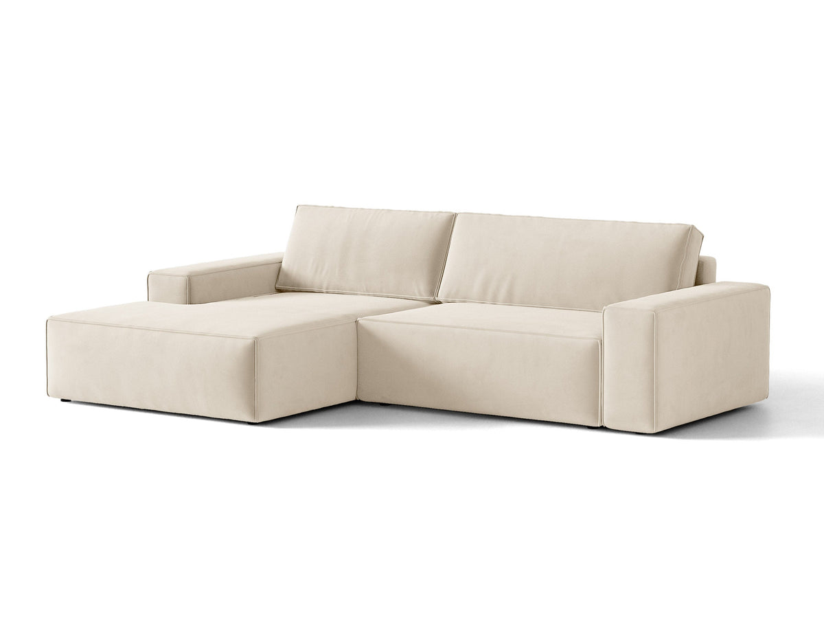 Jodie Velour Ecksofa links mit Schlaffunktion und Stauraumbox 3 Sitzer in Light Beige-Bluvel präsentiert im Onlineshop von KAQTU Design AG. Bettsofa links ist von Micadoni