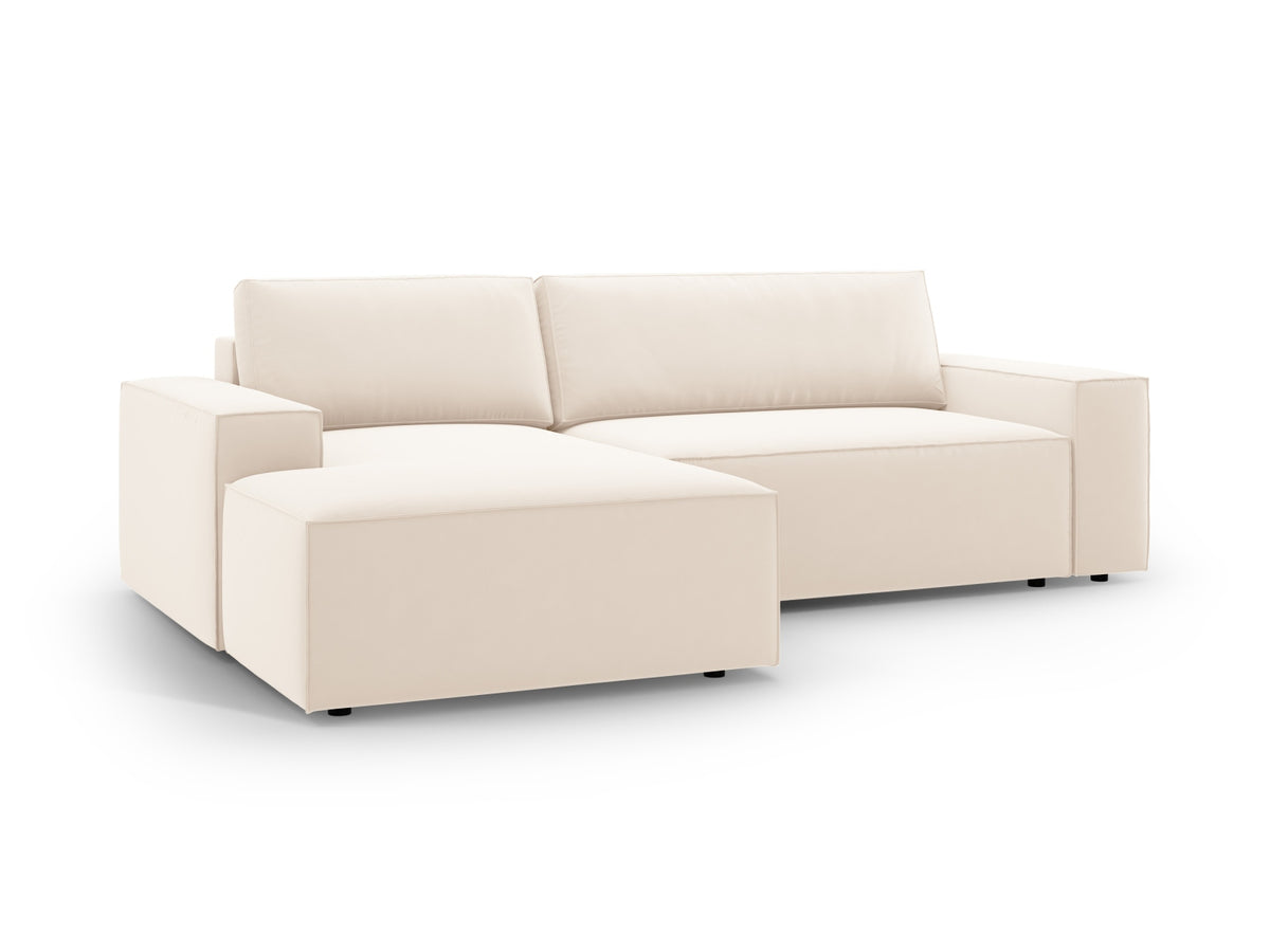 Jodie Velour Ecksofa links mit Schlaffunktion und Stauraumbox 3 Sitzer in Light Beige-Bluvel präsentiert im Onlineshop von KAQTU Design AG. Bettsofa links ist von Micadoni