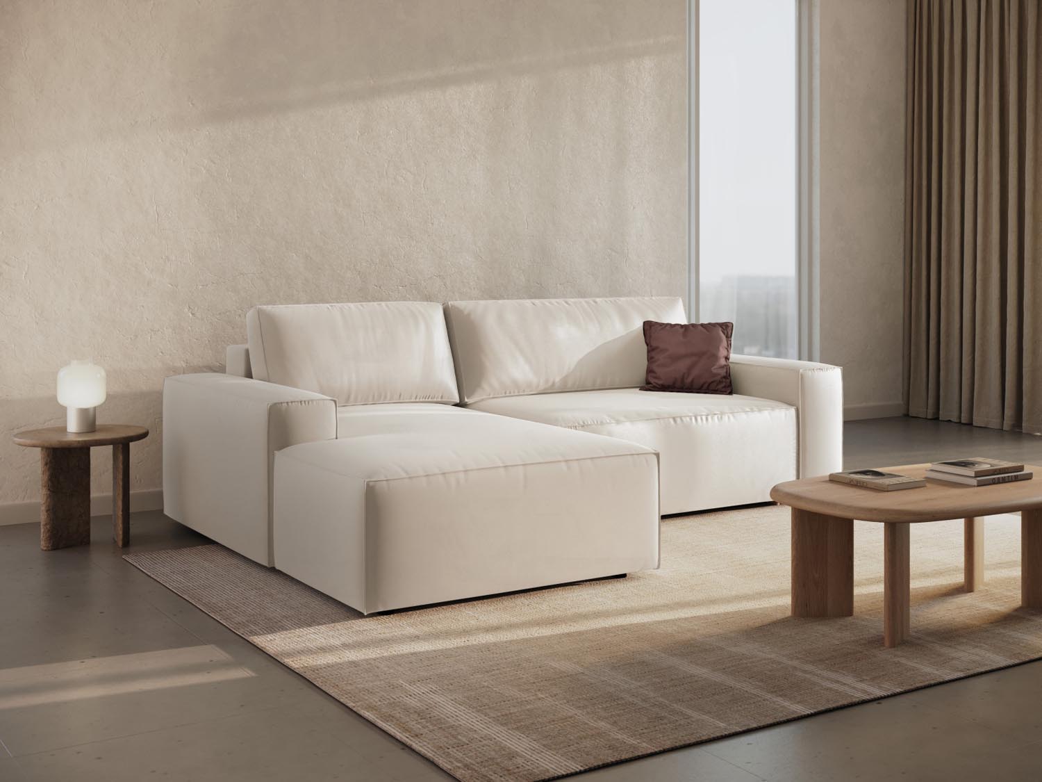 Jodie Velour Ecksofa links mit Schlaffunktion und Stauraumbox 3 Sitzer in Light Beige präsentiert im Onlineshop von KAQTU Design AG. Ecksofa links ist von Micadoni