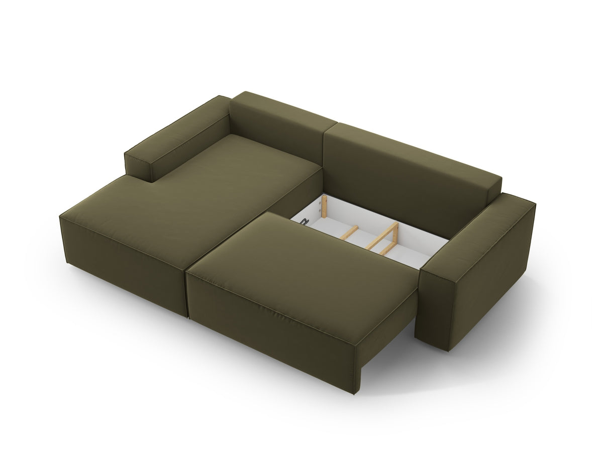 Jodie Velour Ecksofa links mit Schlaffunktion und Stauraumbox 3 Sitzer in Green-Bluvel präsentiert im Onlineshop von KAQTU Design AG. Bettsofa links ist von Micadoni