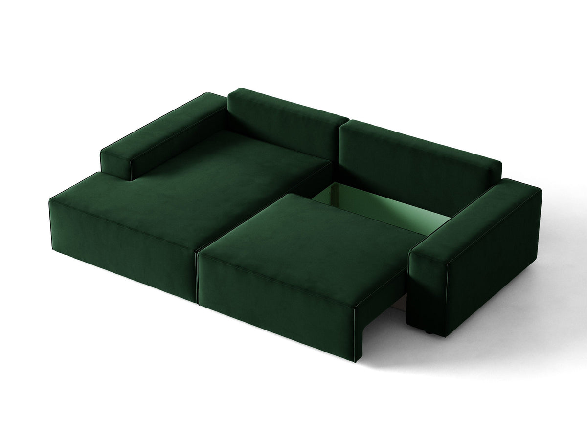 Jodie Velour Ecksofa links mit Schlaffunktion und Stauraumbox 3 Sitzer in Bottle Green-Bluvel präsentiert im Onlineshop von KAQTU Design AG. Bettsofa links ist von Micadoni