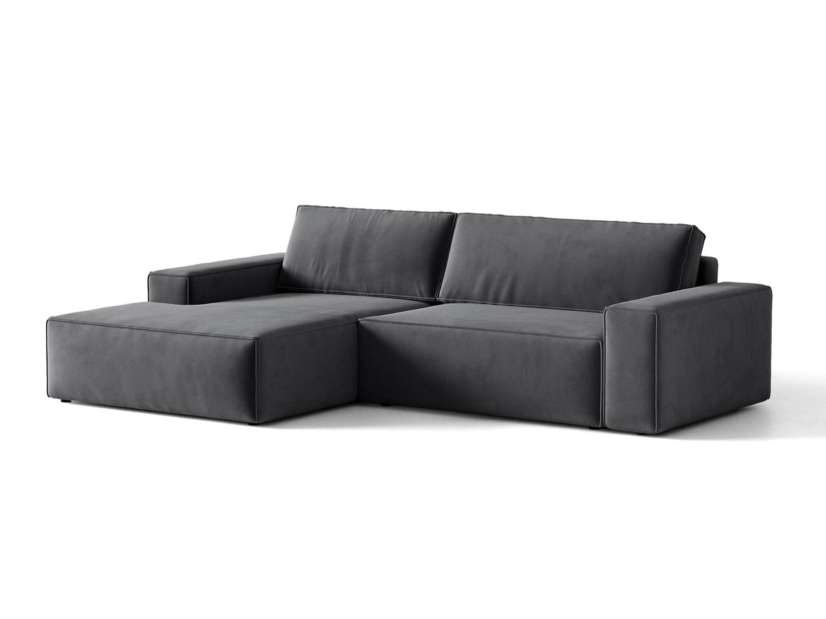 Jodie Velour Ecksofa links mit Schlaffunktion und Stauraumbox 3 Sitzer in Grey-Bluvel präsentiert im Onlineshop von KAQTU Design AG. Bettsofa links ist von Micadoni