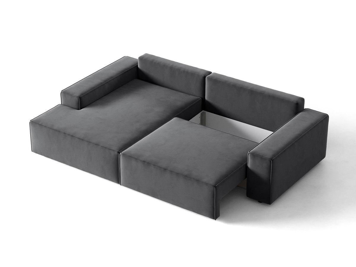 Jodie Velour Ecksofa links mit Schlaffunktion und Stauraumbox 3 Sitzer in Grey-Bluvel präsentiert im Onlineshop von KAQTU Design AG. Bettsofa links ist von Micadoni