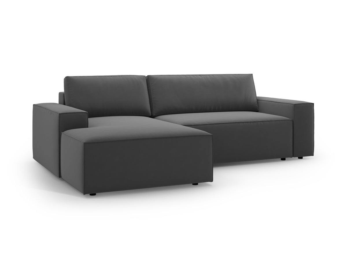 Jodie Velour Ecksofa links mit Schlaffunktion und Stauraumbox 3 Sitzer in Grey-Bluvel präsentiert im Onlineshop von KAQTU Design AG. Bettsofa links ist von Micadoni