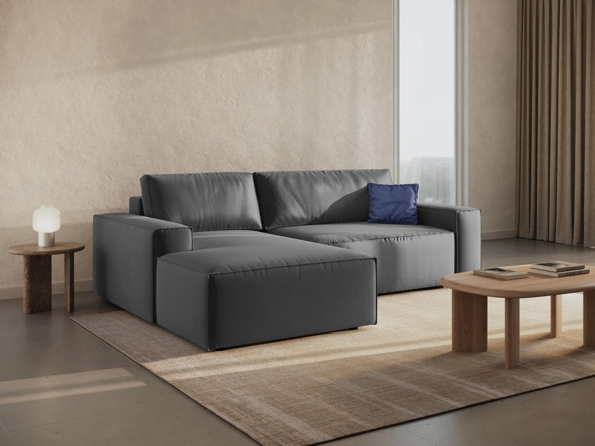 Jodie Velour Ecksofa links mit Schlaffunktion und Stauraumbox 3 Sitzer in Grey-Bluvel präsentiert im Onlineshop von KAQTU Design AG. Bettsofa links ist von Micadoni