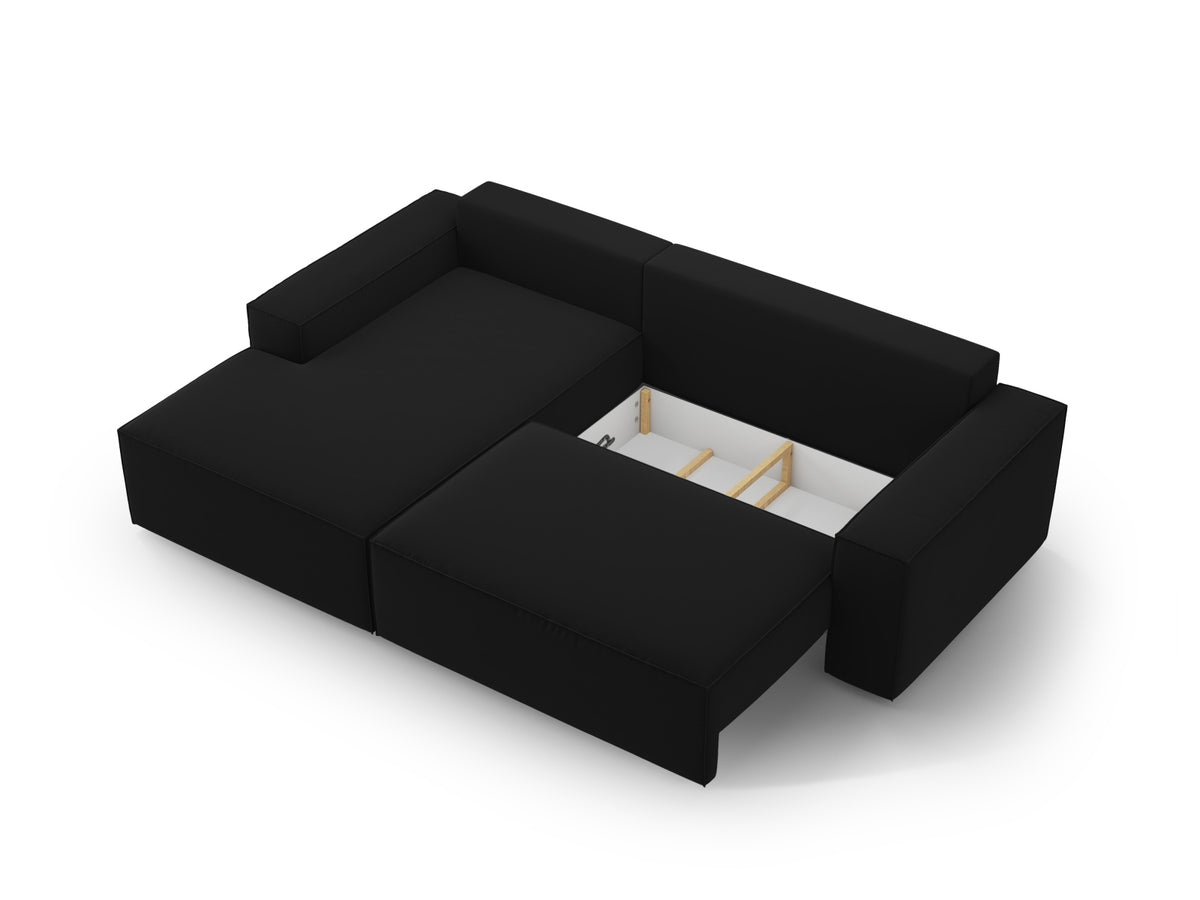 Jodie Velour Ecksofa links mit Schlaffunktion und Stauraumbox 3 Sitzer in Black-Bluvel präsentiert im Onlineshop von KAQTU Design AG. Bettsofa links ist von Micadoni