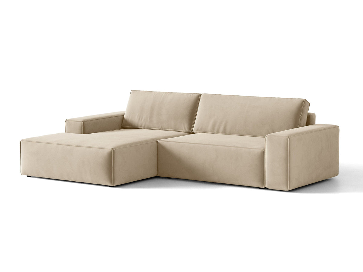Jodie Velour Ecksofa links mit Schlaffunktion und Stauraumbox 3 Sitzer in Dark Beige-Bluvel präsentiert im Onlineshop von KAQTU Design AG. Bettsofa links ist von Micadoni
