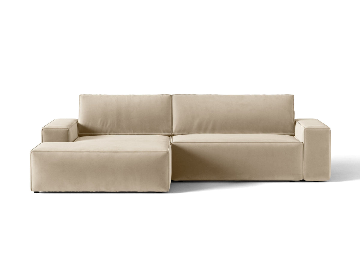 Jodie Velour Ecksofa links mit Schlaffunktion und Stauraumbox 3 Sitzer in Dark Beige-Bluvel präsentiert im Onlineshop von KAQTU Design AG. Bettsofa links ist von Micadoni