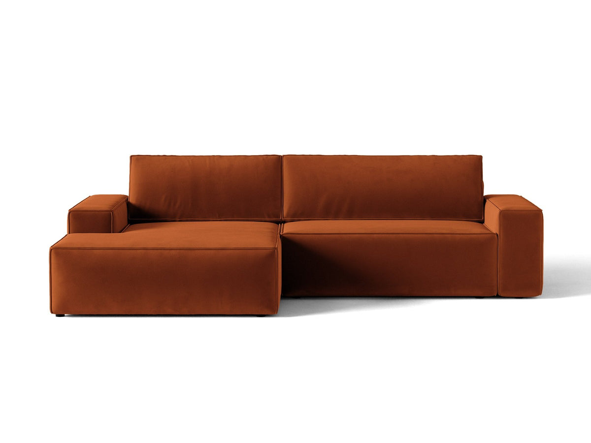 Braunes Ecksofa Jodie von Micadoni mit linker Ausrichtung, Baloo-Stoffbezug, schwarzen Kunststoffbeinen und ausklappbarem Bettkasten.