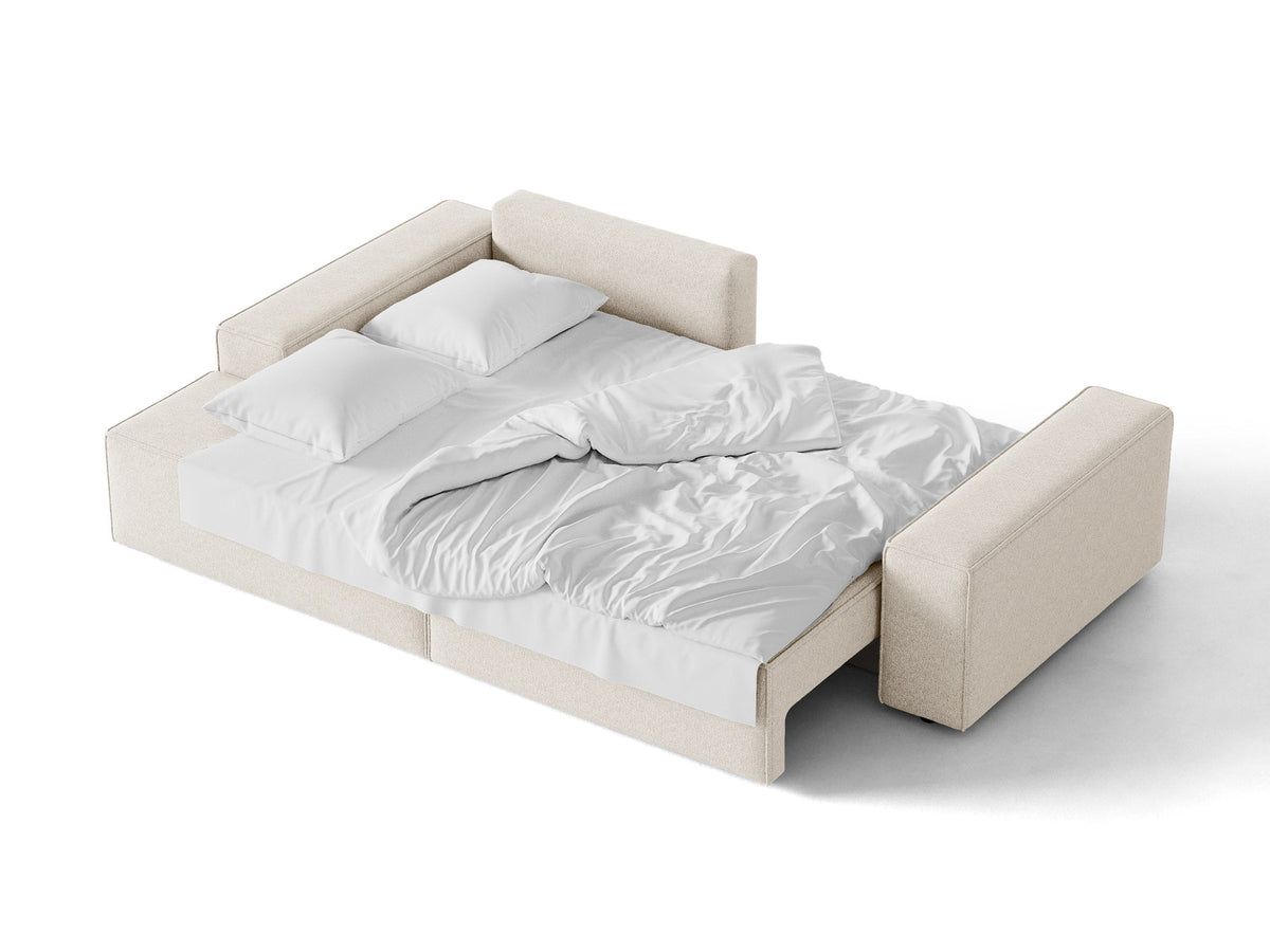 Jodie Ecksofa links mit Schlaffunktion und Stauraumbox 3 Sitzer in Light Beige-Megan präsentiert im Onlineshop von KAQTU Design AG. Bettsofa links ist von Micadoni