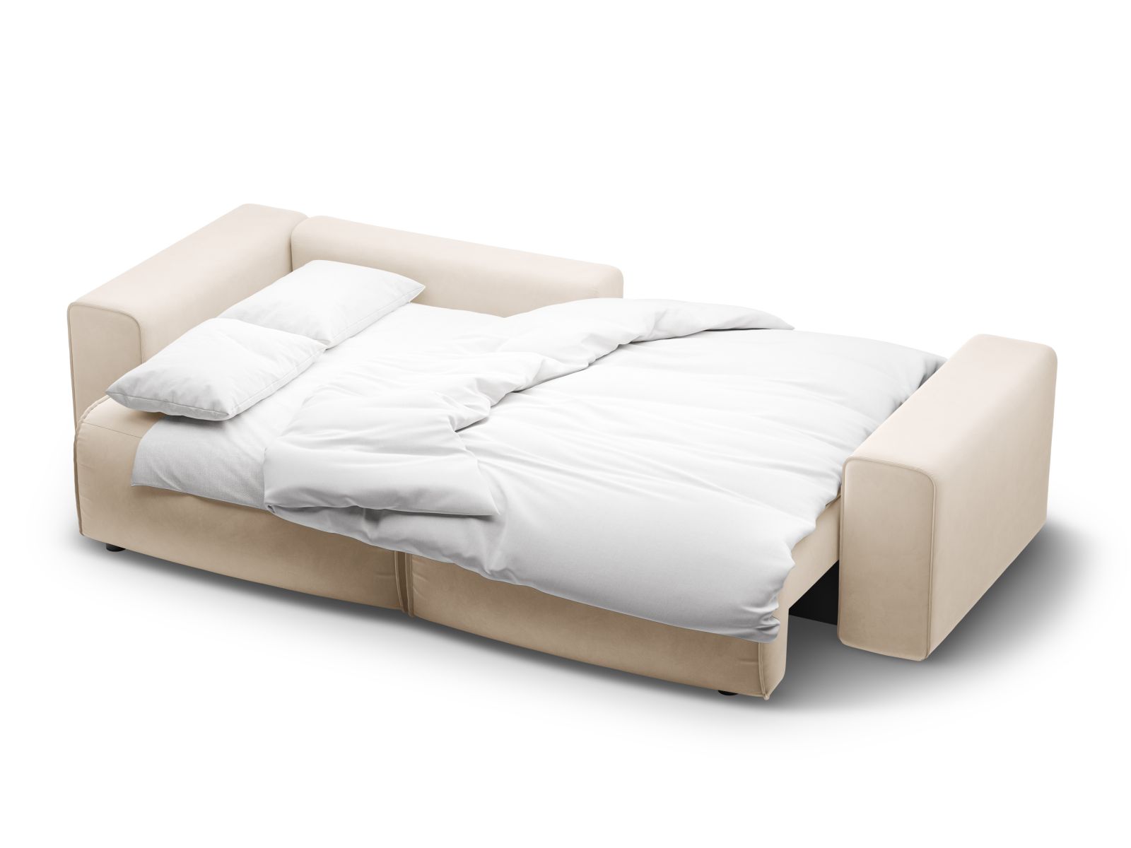 Stylisches 3-Sitzer Ecksofa Victor in sanftem Nude-Paris, perfekt für Wohnräume, mit cleverer Schlaffunktion und integriertem Stauraum.