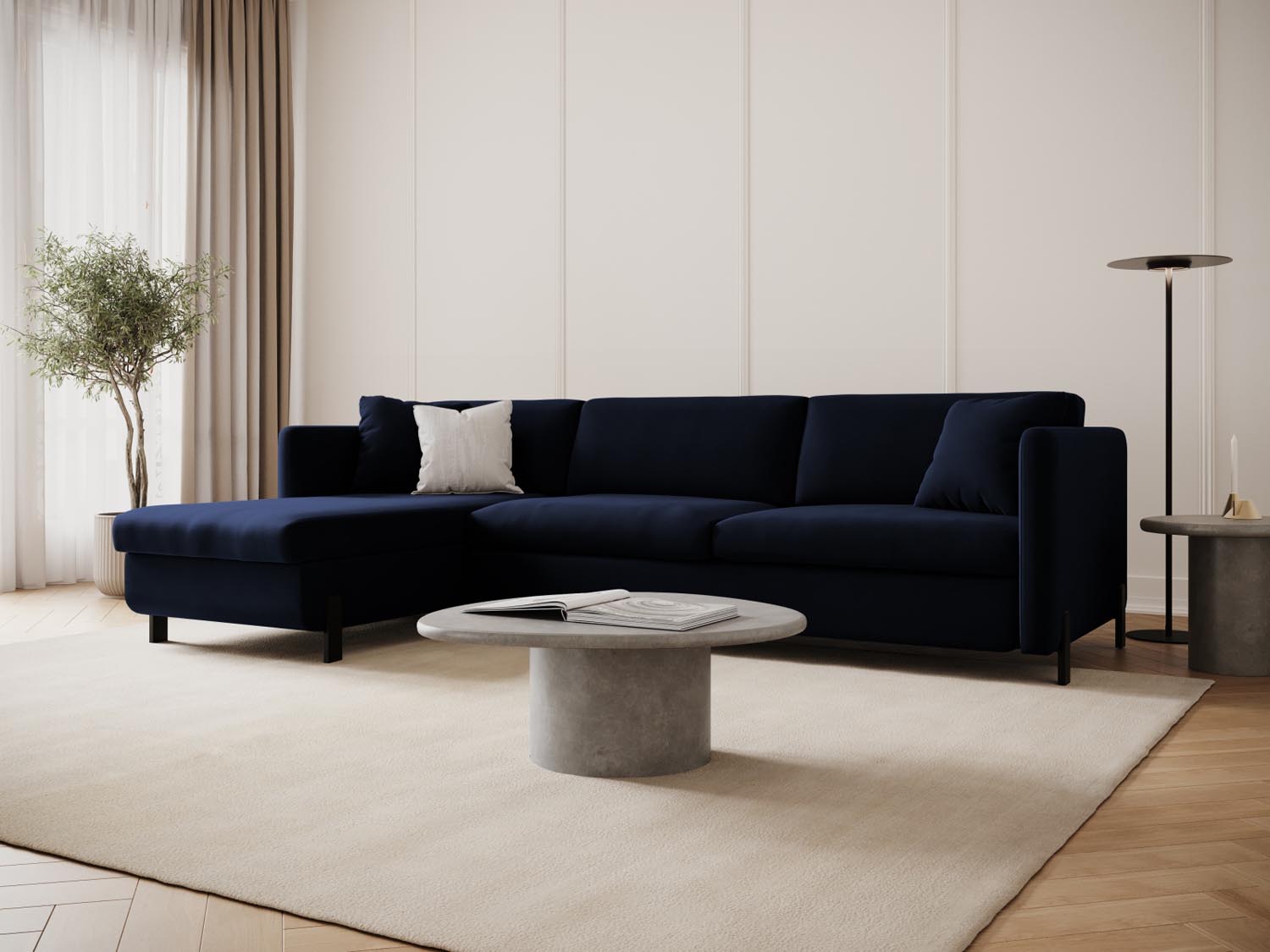 Elegantes linksseitiges Ecksofa Gloria Velour in Royal Blue, ideal für Schlafkomfort und Stauraum, perfekt für moderne Wohnräume.