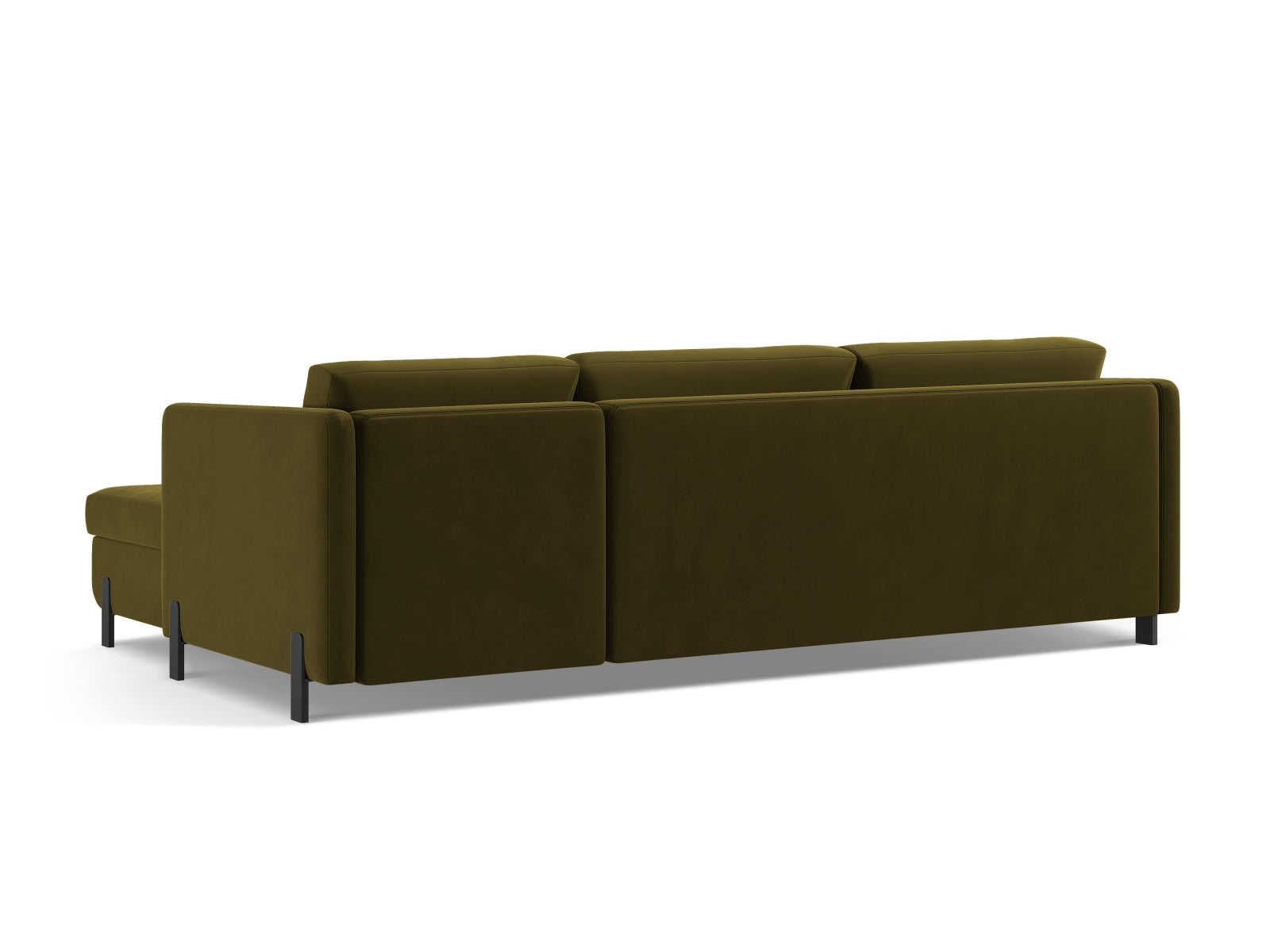 Elegantes linksseitiges Ecksofa Gloria Velour in tiefem Grün, ideal für Schlafkomfort und praktischen Stauraum.