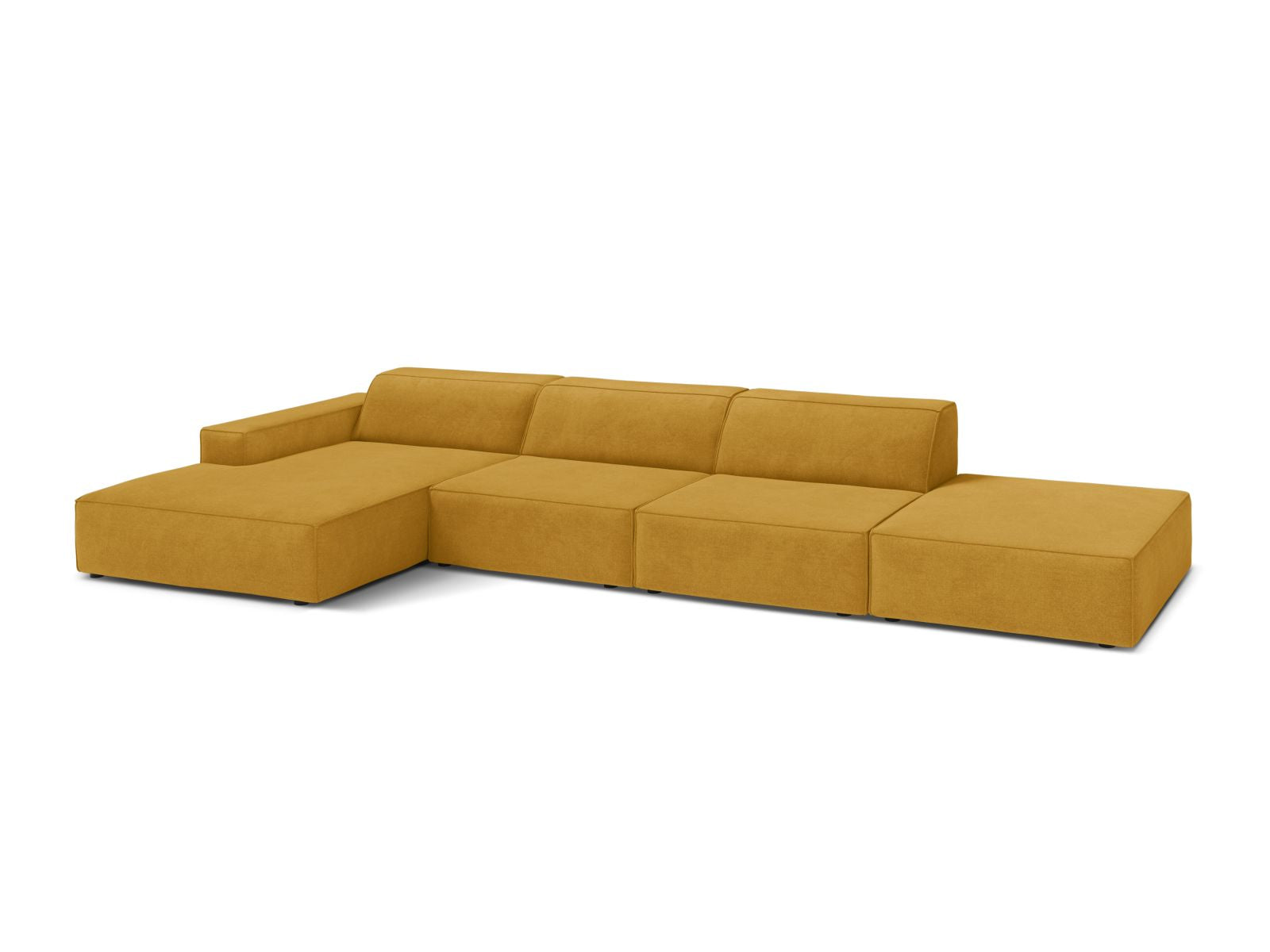 Modulares 5-Sitzer Ecksofa Jodie in strahlendem Gelb, ideal für stilvolle Wohnzimmergestaltung, erhältlich bei KAQTU Design AG.