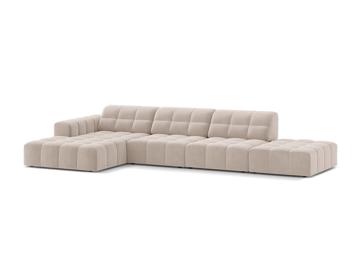 Linkes Ecksofa Jennifer von Micadoni in leichtem Beige mit Bluvel-Stoffbezug, L-Form und schwarzen Kunststoffbeinen aus Polypropylen
