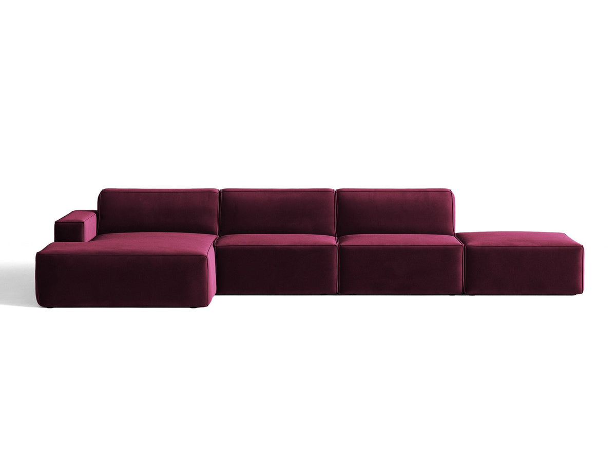 Ecksofa Jodie links von Micadoni in leichtem Beige mit Venus-Samtstoff, schwarzen Kunststoffbeinen und niedriger Rückenlehne.