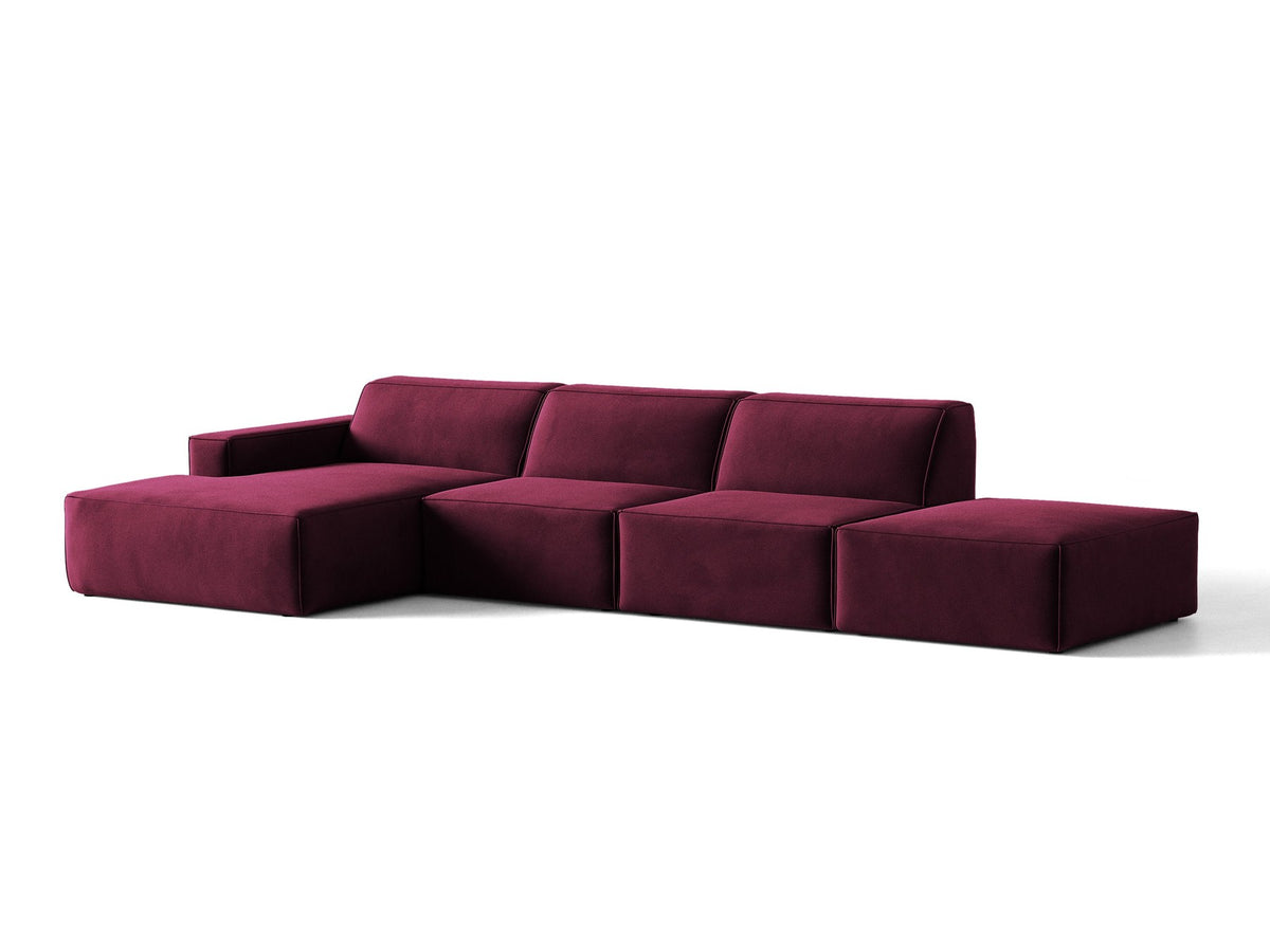 Ecksofa Jodie links von Micadoni in leichtem Beige mit Venus-Samtstoff, schwarzen Kunststoffbeinen und niedriger Rückenlehne.