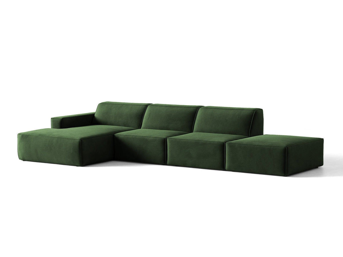 Ecksofa Jodie links von Micadoni in leichtem Beige mit Venus-Samtstoff, schwarzen Kunststoffbeinen und niedriger Rückenlehne.