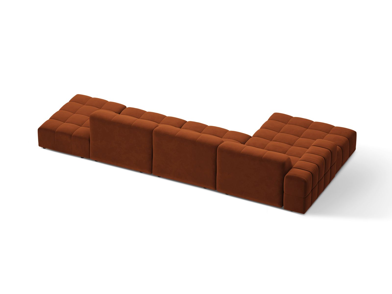 Elegantes 5-Sitzer Ecksofa links Jennifer in warmem Terracotta-Bluvel, ideal für gemütliche Abende und modernes Wohndesign.