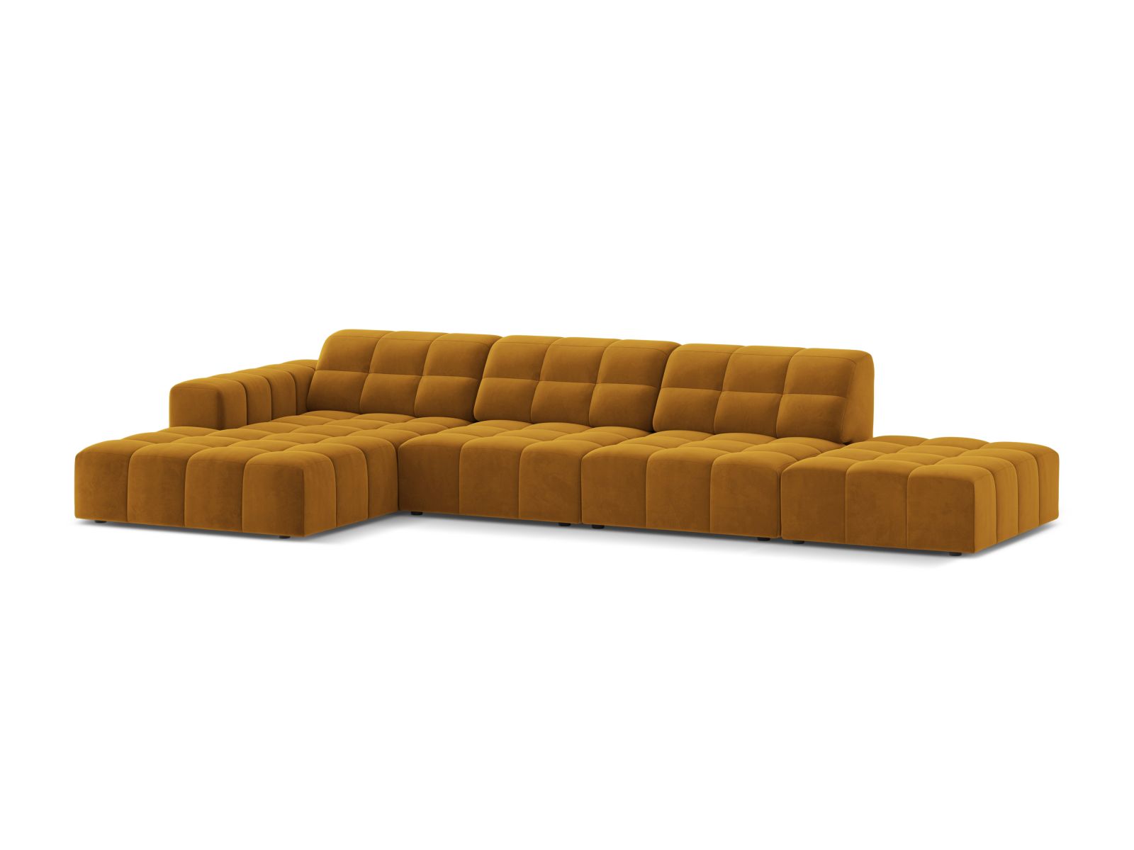 Stylisches 5-Sitzer Ecksofa links Jennifer in modernem Gelb-Bluvel, ideal für gemütliche Wohnräume und entspannte Abende.