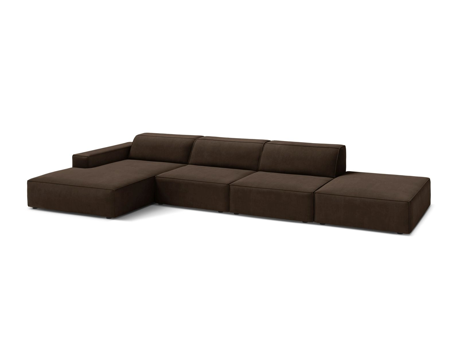 Elegantes, modulares Ecksofa Jodie in Velours, linksseitig, 5-Sitzer in dunklem Braun, ideal für stilvolle Wohnräume.