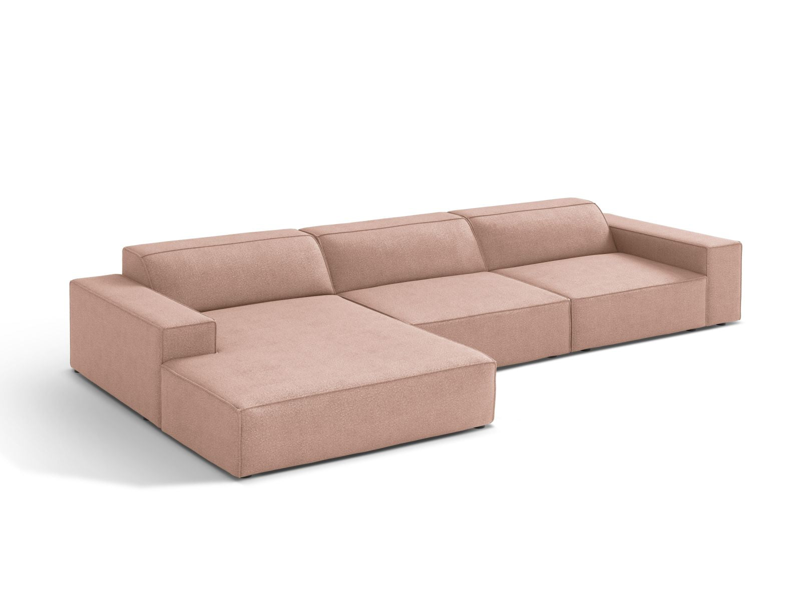 Elegantes Jodie Boucle Ecksofa links in sanftem Powder Pink, ideal für stilvolle Wohnräume. Modulares Design für individuelle Anpassung.