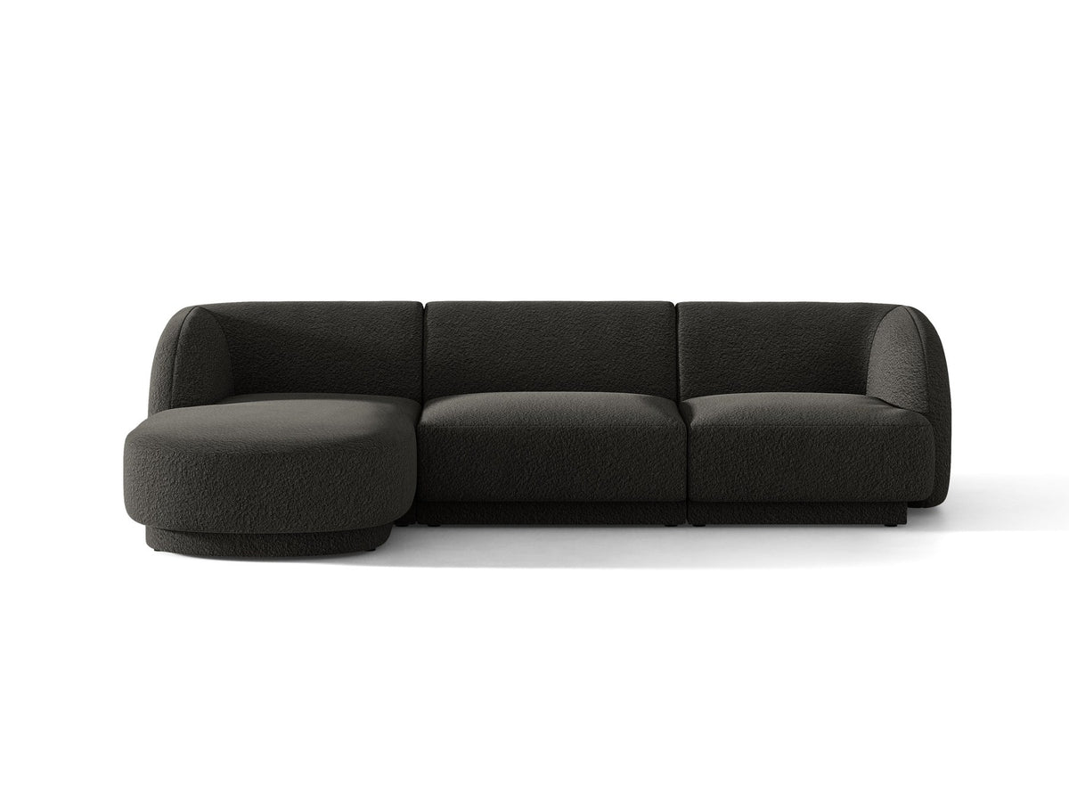 Miley Linkes Ecksofa von Micadoni, L-Sofa links in Dunkelbeige mit Bluvel-Stoffbezug und schwarzen Kunststoffbeinen, Frontalansicht.