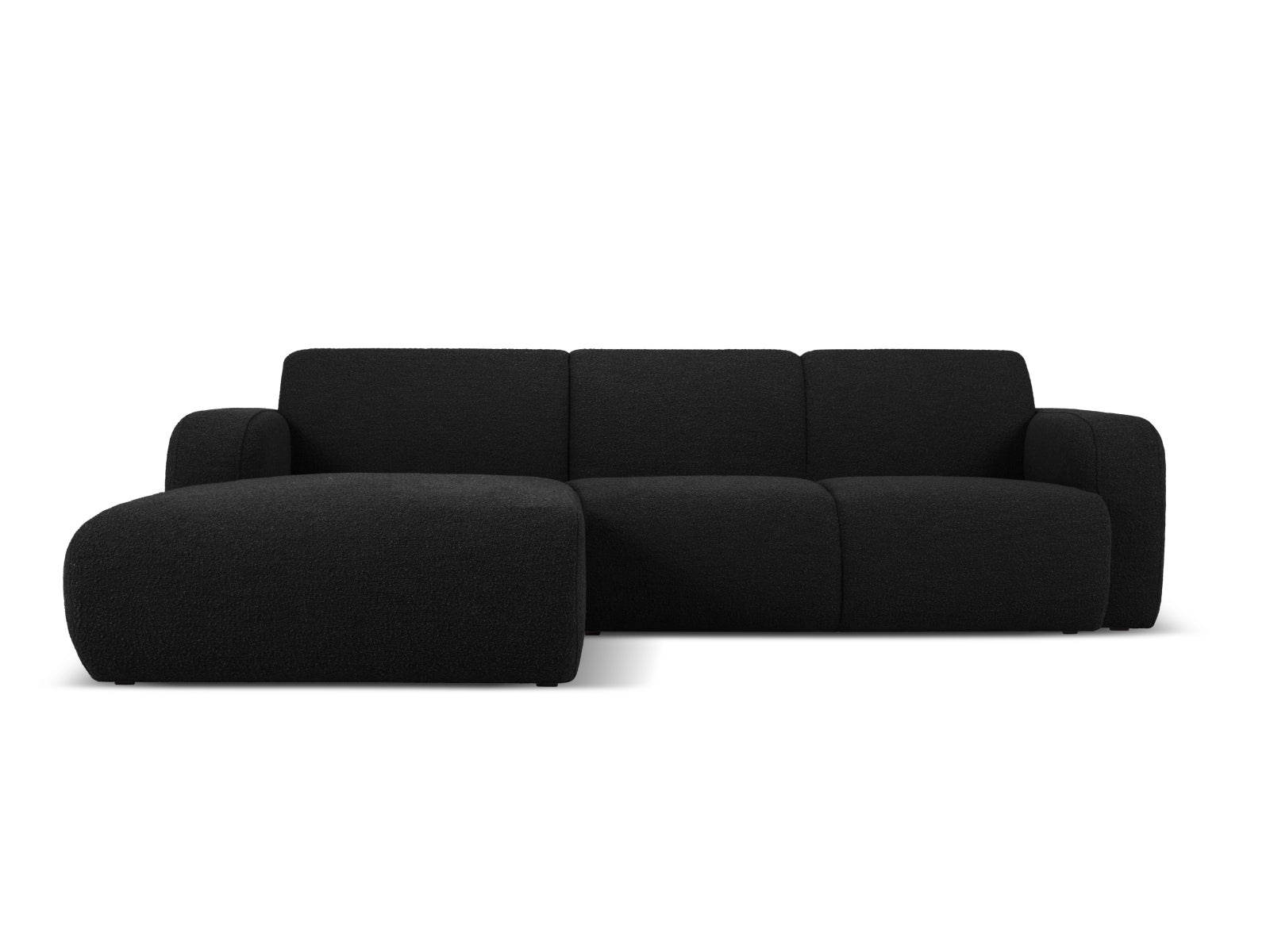 Elegantes Molino Boucle Ecksofa links für 4 Personen in stilvollem Schwarz, ideal für moderne Wohnräume, erhältlich bei KAQTU Design AG.