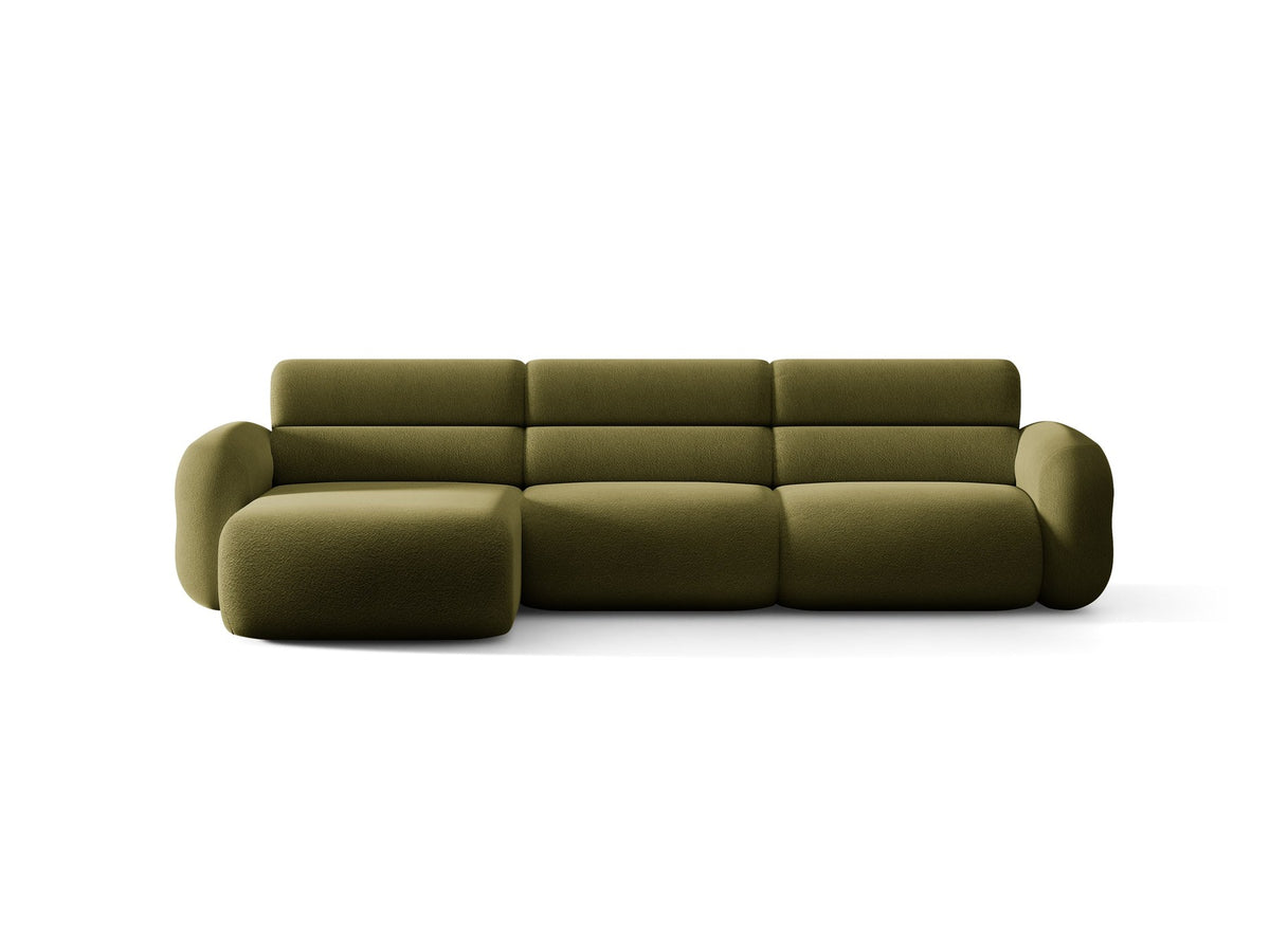 Linkes L-Ecksofa Neo von Micadoni in Dunkles Olivgrün, mit hoher Rückenlehne, schwarzen Kunststoffbeinen und tiefer gepolsterter Sitzfläche.