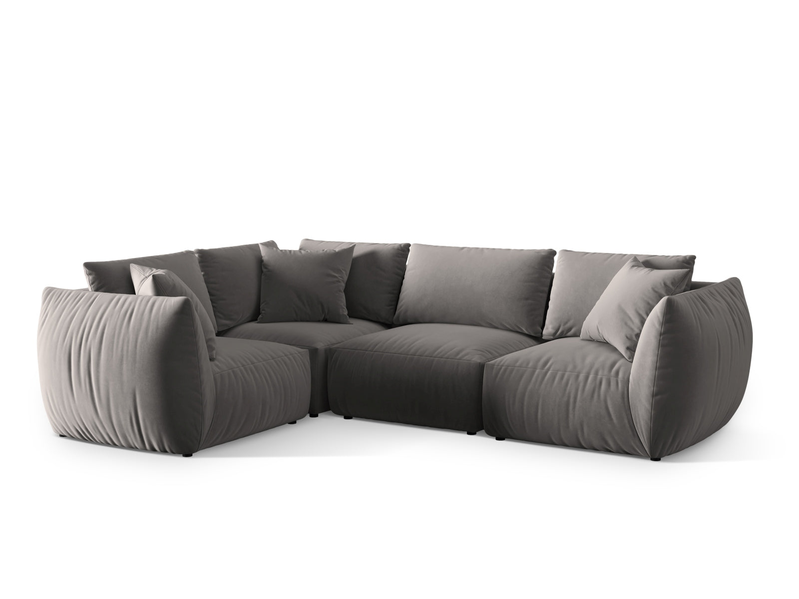 Modernes Chris Velour Ecksofa in stilvollem Grau, linksseitig, bietet Platz für 4 Personen und vereint Komfort mit zeitgemäßem Design.