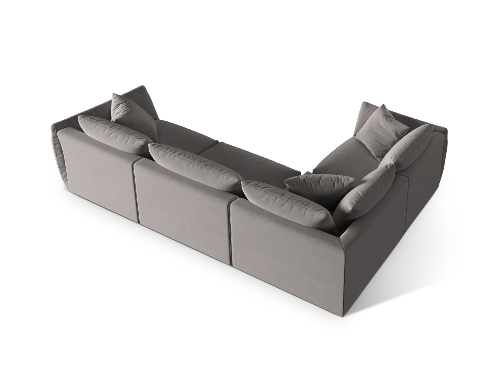 Elegantes, graues Chris Velour Ecksofa für 4 Personen, linksseitig, ideal für stilvolle Wohnräume und gemütliche Abende.