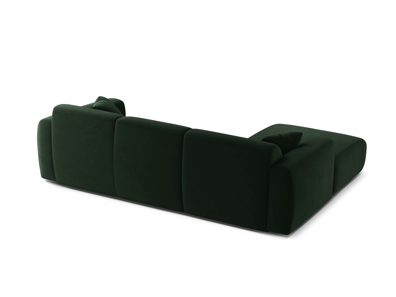 Elegantes linksseitiges Ecksofa Molino Velour in tiefem Flaschengrün, ideal für stilvolle Wohnräume und entspannte Abende.