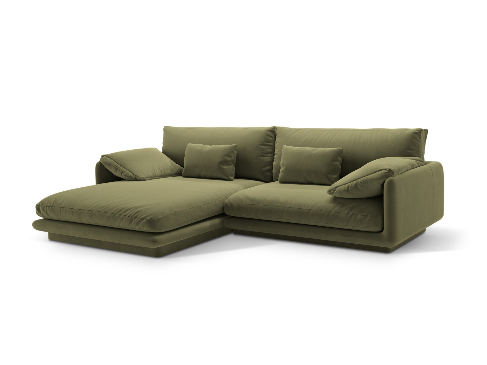 Elegantes Torino Velour Ecksofa in sanftem Hellgrün, ideal für stilvolle Wohnräume. 4-Sitzer von Micadoni, linksseitig.