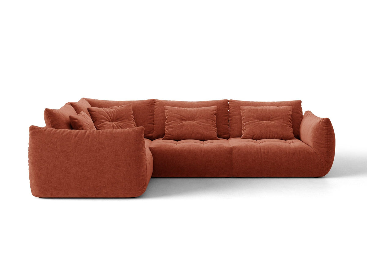 Modulares Ecksofa links Bloom von Micadoni in leichtem Beige, Veloursstoff Casino Pearl, schwarze Kunststoffbeine, tiefe Sitzfläche.