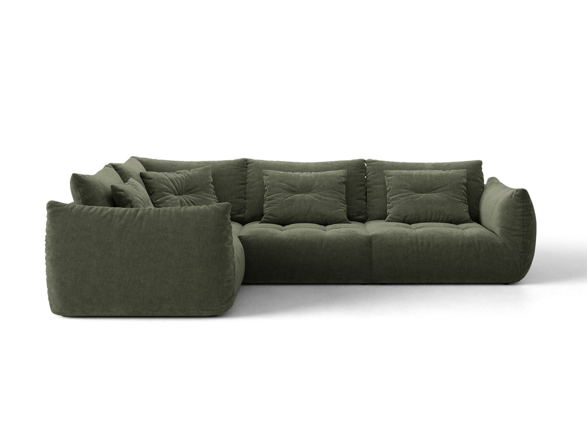 Modulares Ecksofa links Bloom von Micadoni in leichtem Beige, Veloursstoff Casino Pearl, schwarze Kunststoffbeine, tiefe Sitzfläche.