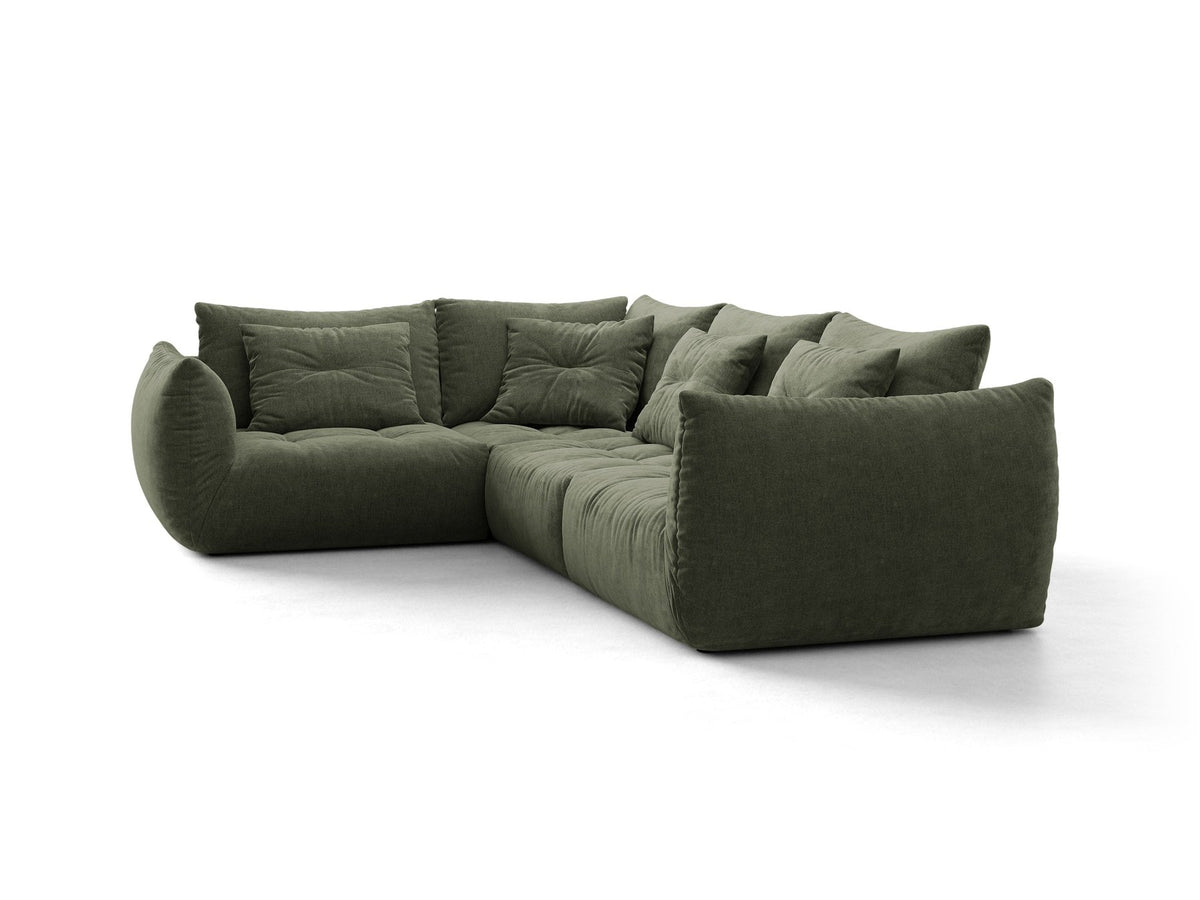 Modulares Ecksofa links Bloom von Micadoni in leichtem Beige, Veloursstoff Casino Pearl, schwarze Kunststoffbeine, tiefe Sitzfläche.