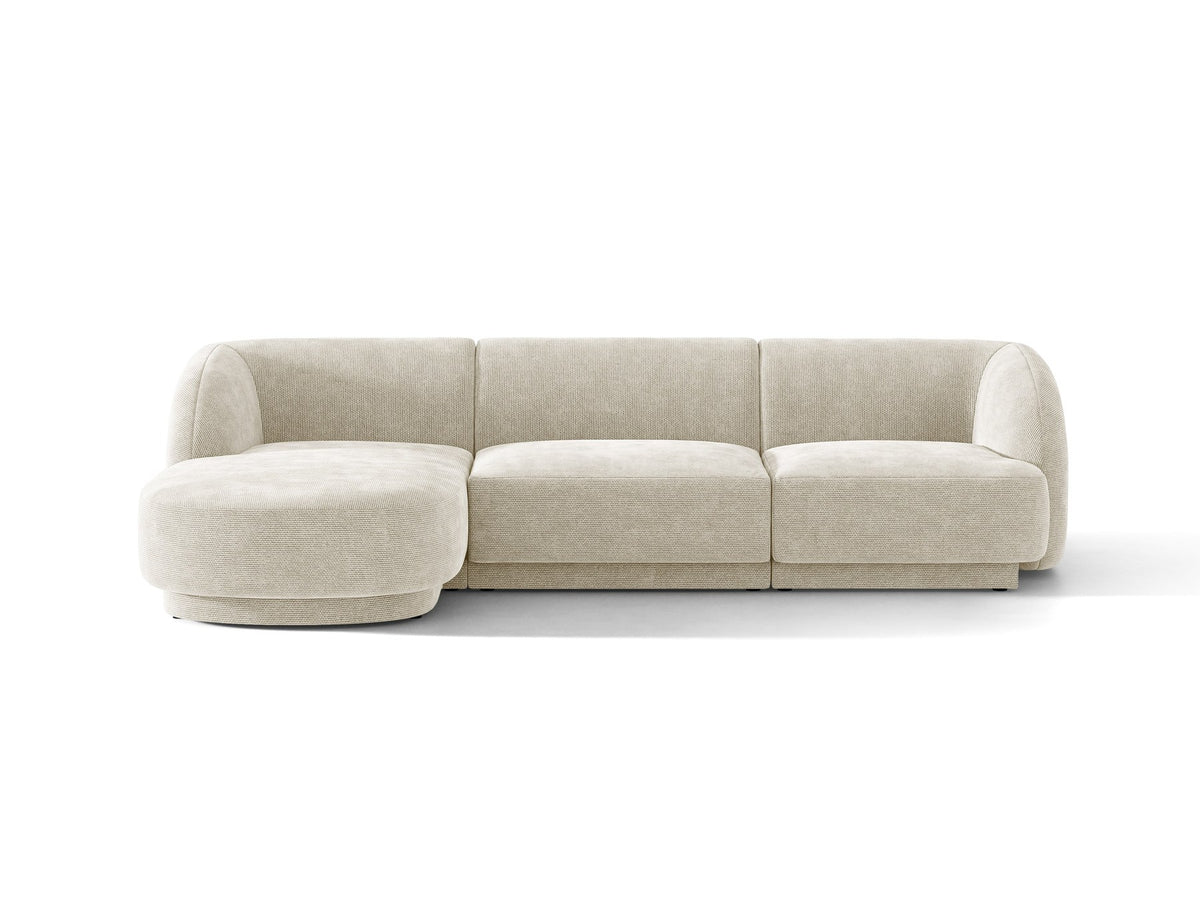 Miley Linkes Ecksofa von Micadoni, L-Sofa links in Dunkelbeige mit Bluvel-Stoffbezug und schwarzen Kunststoffbeinen, Frontalansicht.