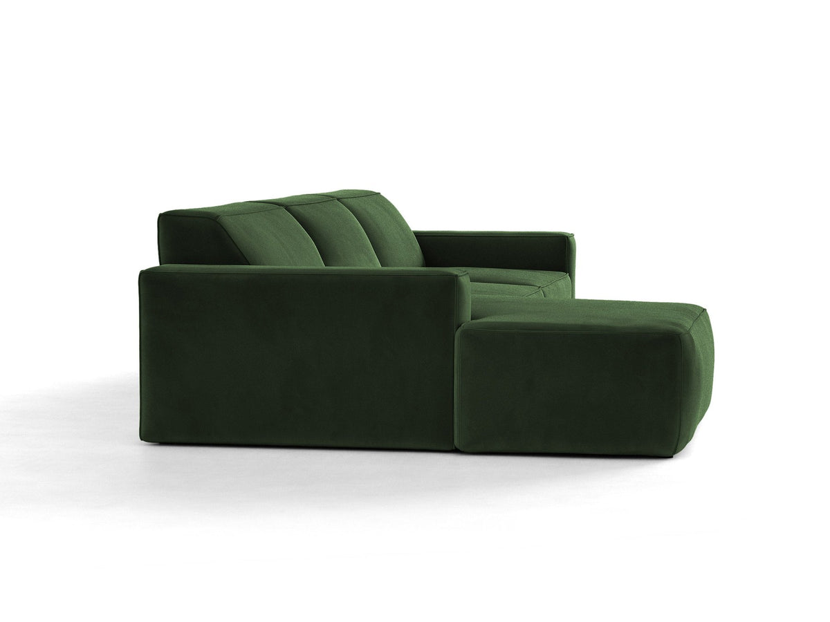 Modulares Ecksofa links von Micadoni in leichtem Beige mit Venus-Samtstoff-Bezug, schwarzen Kunststoffbeinen und niedriger Rückenlehne.