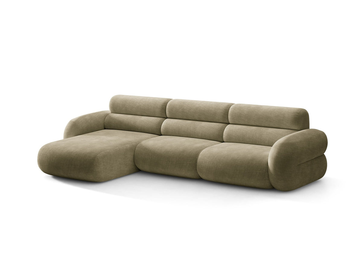 Linkes L-Ecksofa Neo von Micadoni in Dunkles Olivgrün, mit hoher Rückenlehne, schwarzen Kunststoffbeinen und tiefer gepolsterter Sitzfläche.