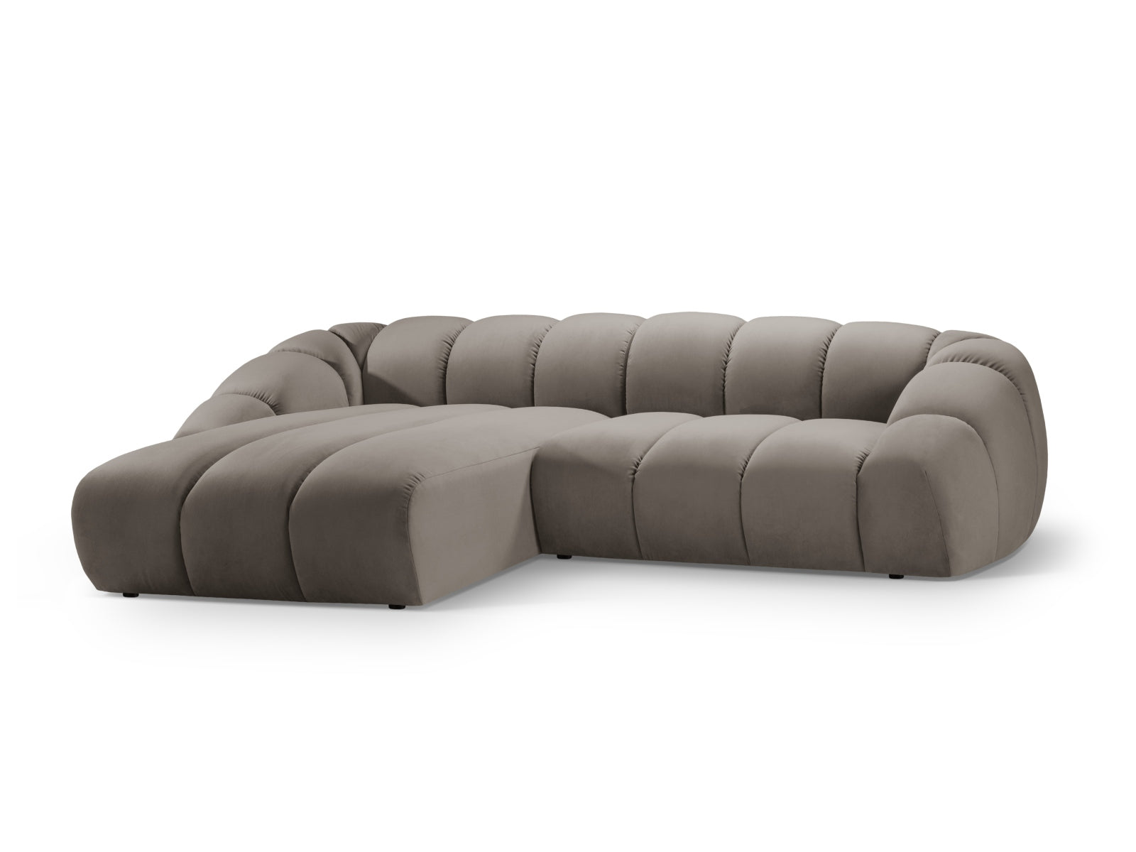 Elegantes Diana Velour Ecksofa in Grau-Braun, linksseitig, ideal für stilvolle Wohnräume. 4-Sitzer von Micadoni.