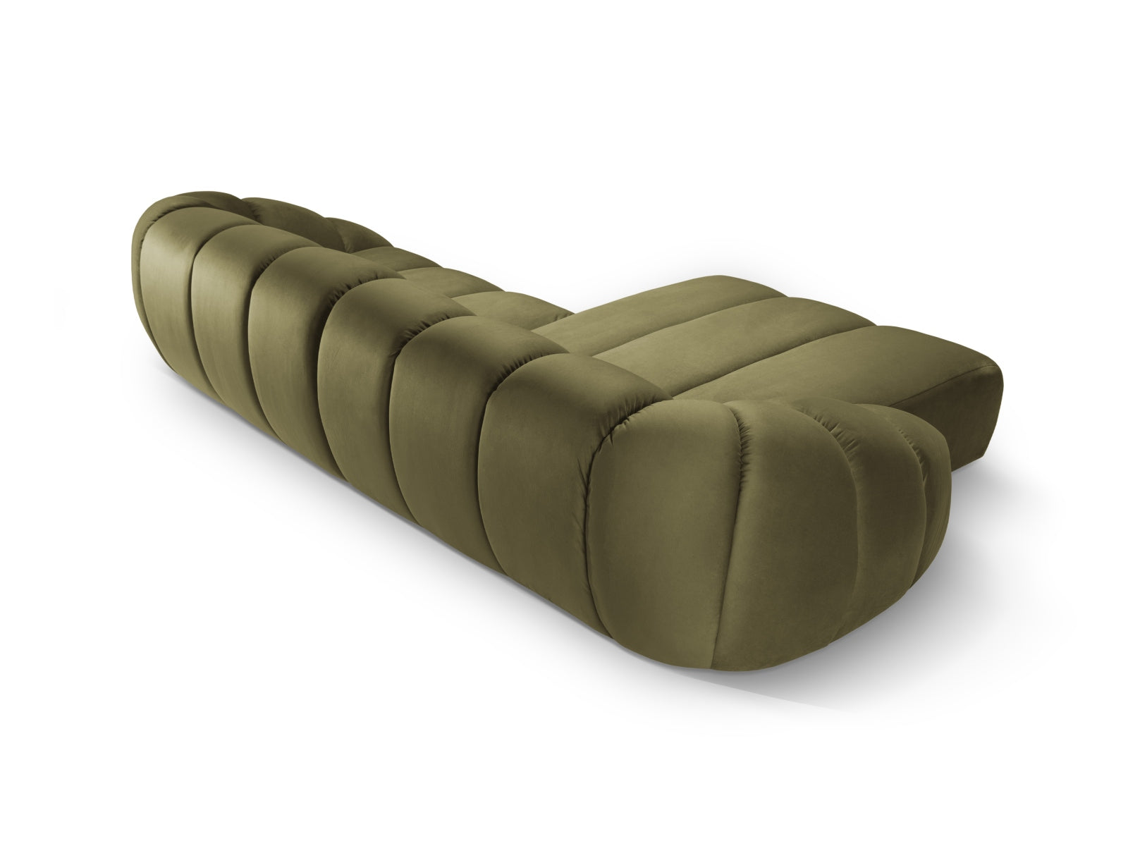 Modernes 4-Sitzer Ecksofa Diana Velour in sattem Grün, linksseitig, perfekt für gemütliche und stilvolle Wohnbereiche.