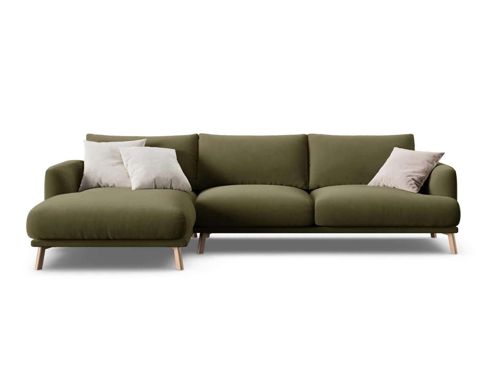 Modernes 4-Sitzer Ecksofa links Naomi in ansprechendem Green-Salvador, ideal für stilvolle Einrichtung und entspannte Stunden.