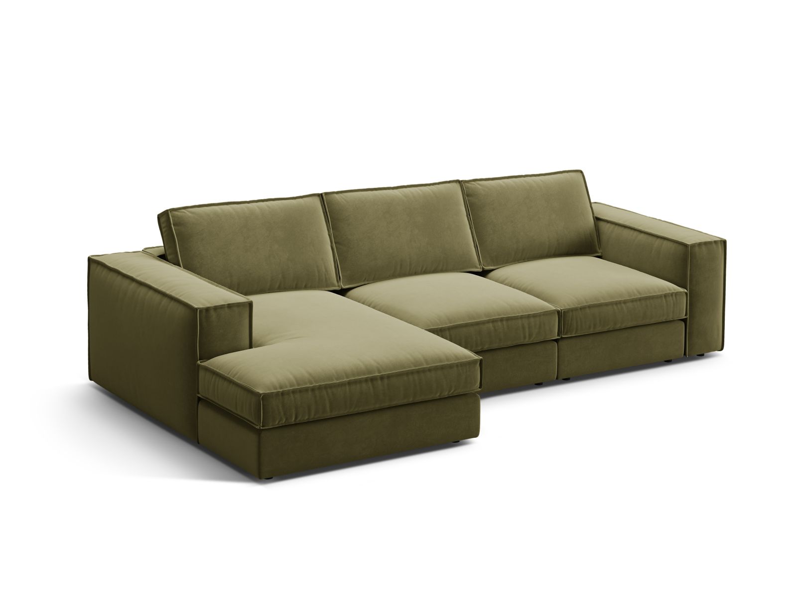 Elegantes 3-Sitzer Ecksofa links Pola in stilvollem Green-Salvador, ideal für moderne Wohnräume, erhältlich bei KAQTU Design AG.