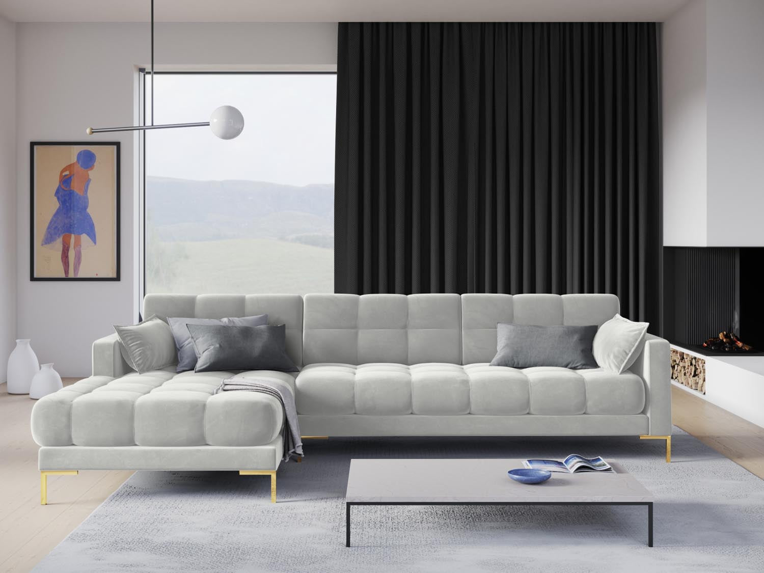 Mamaia Velour Ecksofa links 5 Sitzer in Silver/Gold präsentiert im Onlineshop von KAQTU Design AG. Ecksofa links ist von Micadoni
