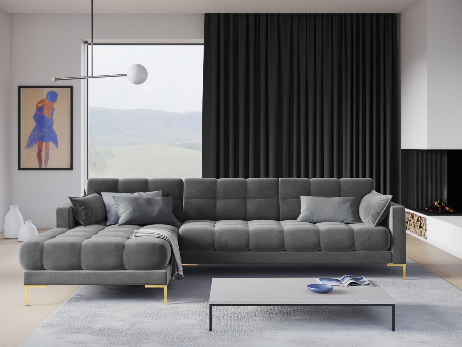 Mamaia Velour Ecksofa links 5 Sitzer in Light Grey/Gold präsentiert im Onlineshop von KAQTU Design AG. Ecksofa links ist von Micadoni