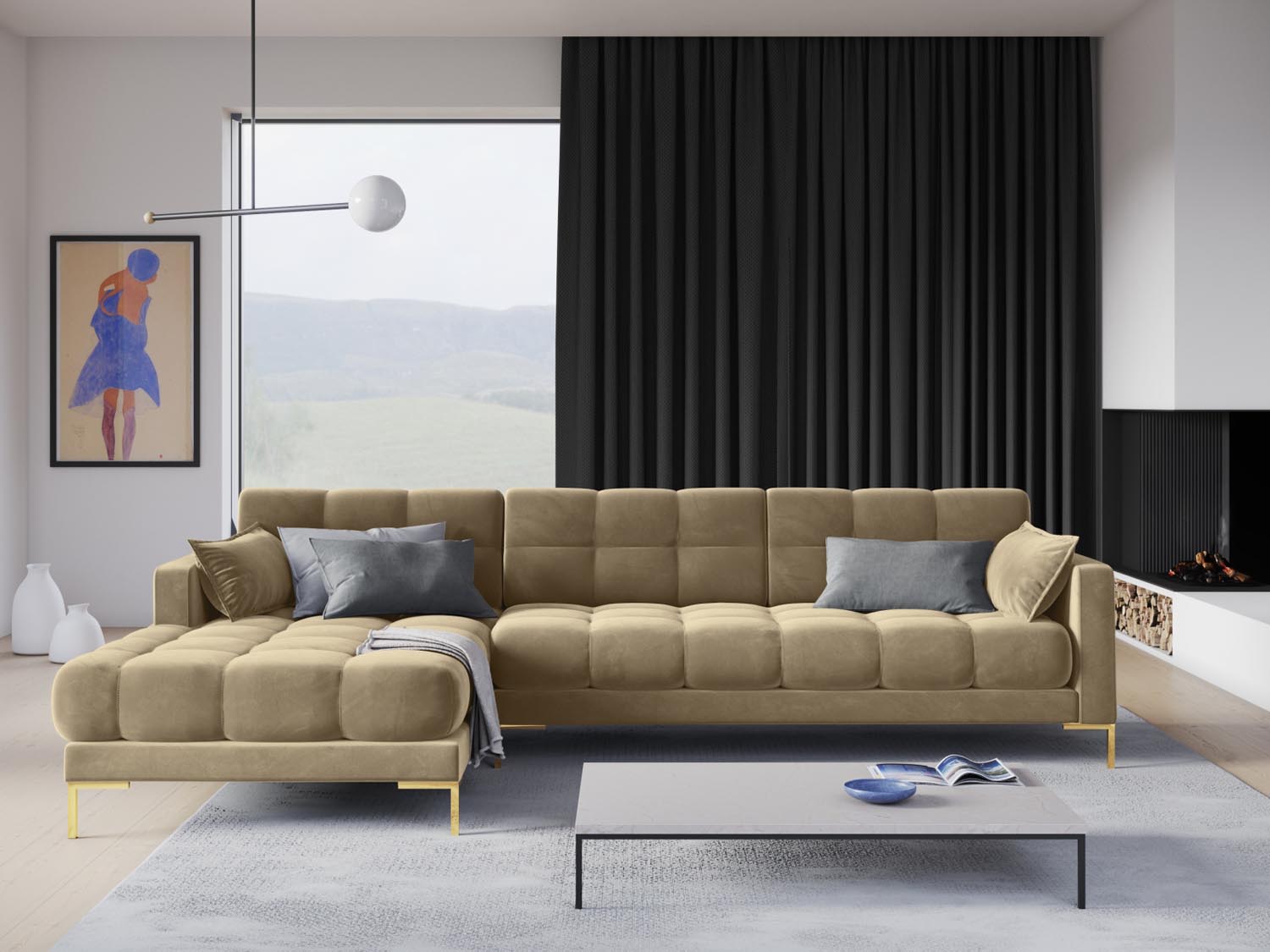 Mamaia Velour Ecksofa links 5 Sitzer in Beige/Gold präsentiert im Onlineshop von KAQTU Design AG. Ecksofa links ist von Micadoni