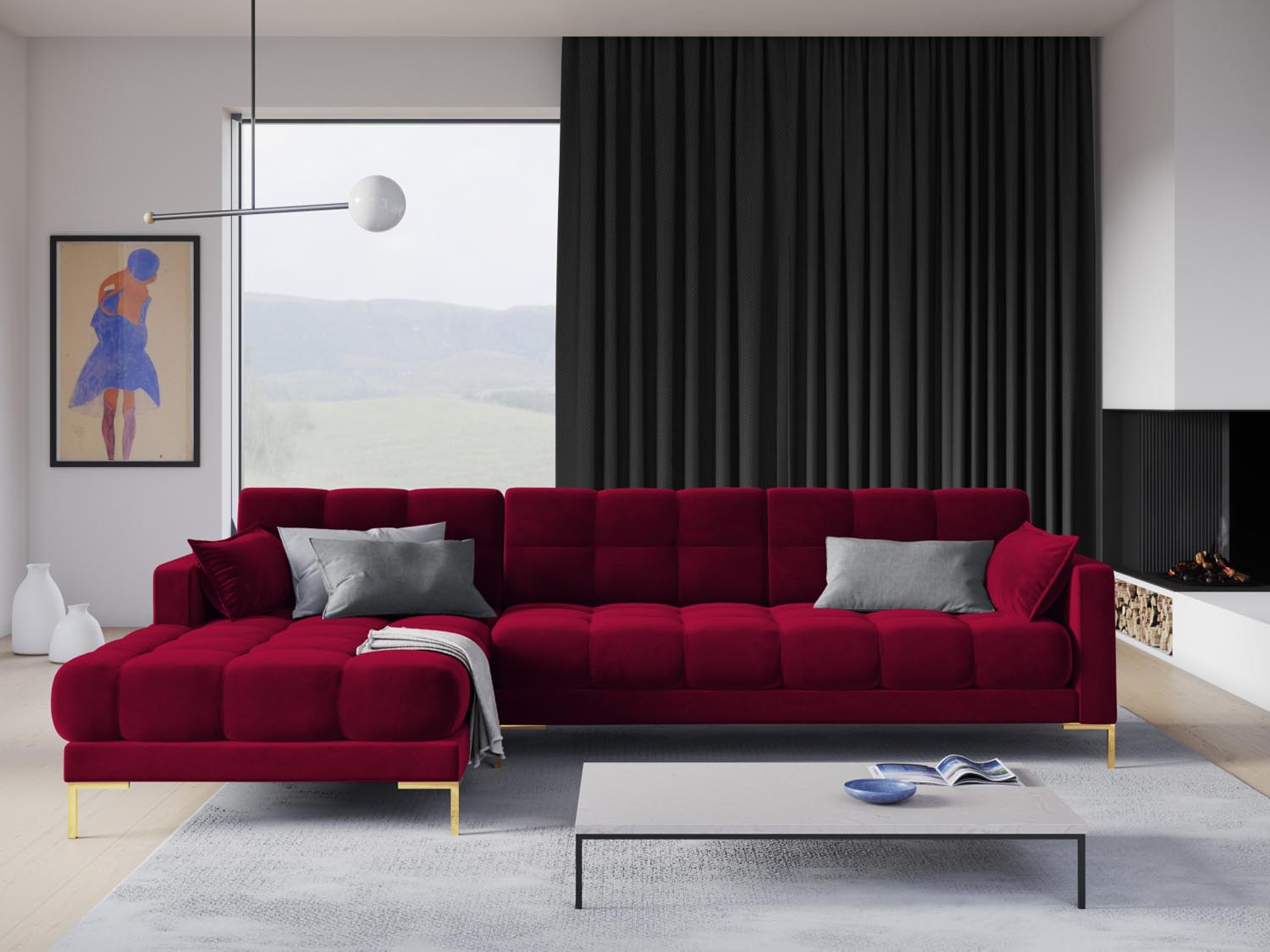 Mamaia Velour Ecksofa links 5 Sitzer in Red/Gold präsentiert im Onlineshop von KAQTU Design AG. Ecksofa links ist von Micadoni