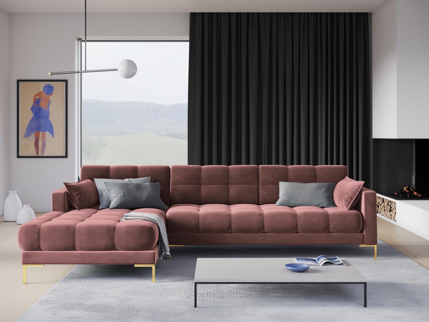 Mamaia Velour Ecksofa links 5 Sitzer in Pink/Gold präsentiert im Onlineshop von KAQTU Design AG. Ecksofa links ist von Micadoni