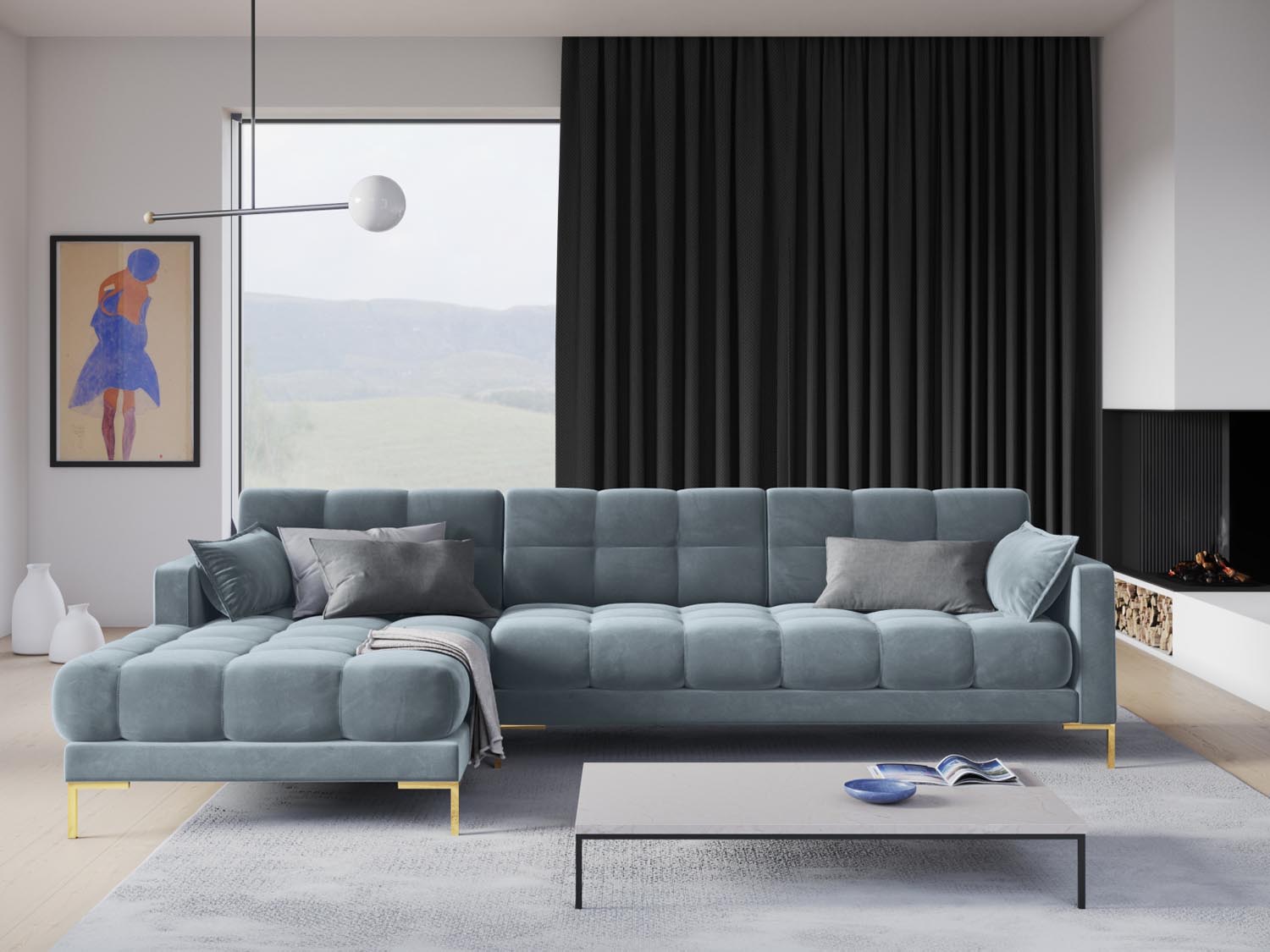 Mamaia Velour Ecksofa links 5 Sitzer in Light Blue/Gold präsentiert im Onlineshop von KAQTU Design AG. Ecksofa links ist von Micadoni